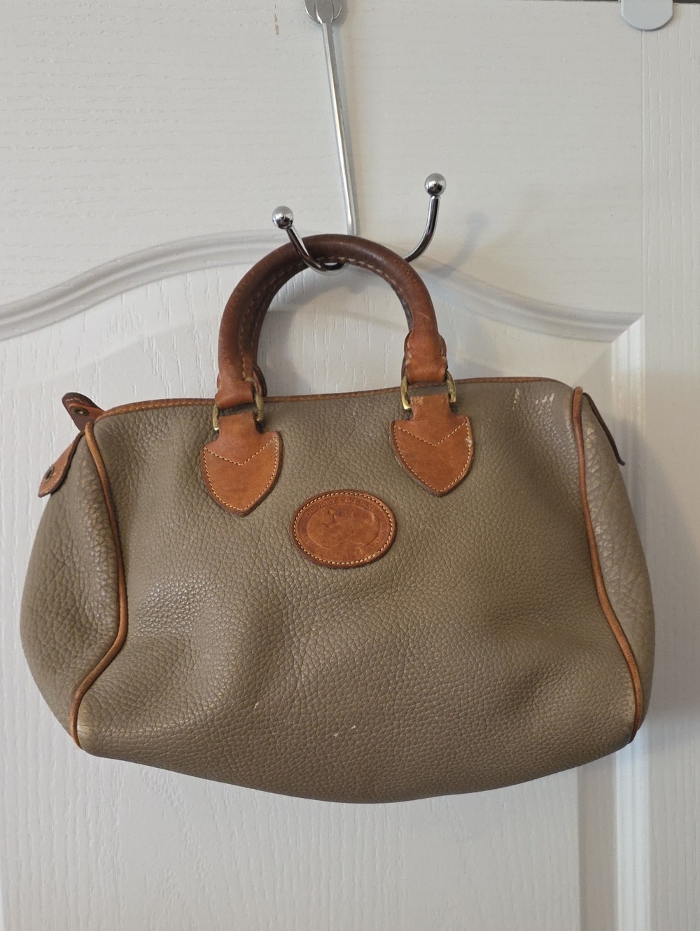 Vintage Dooney & Bourke Taupe Leather Satchel Handbag with Tan Trim